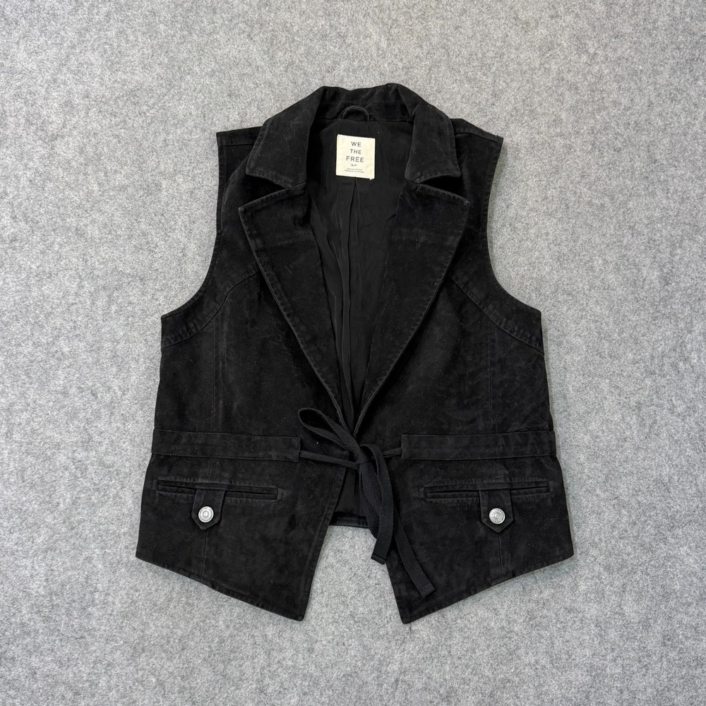 We The Free People Black Faux Suede Tie Front Drawstring Vest Women's Size Small